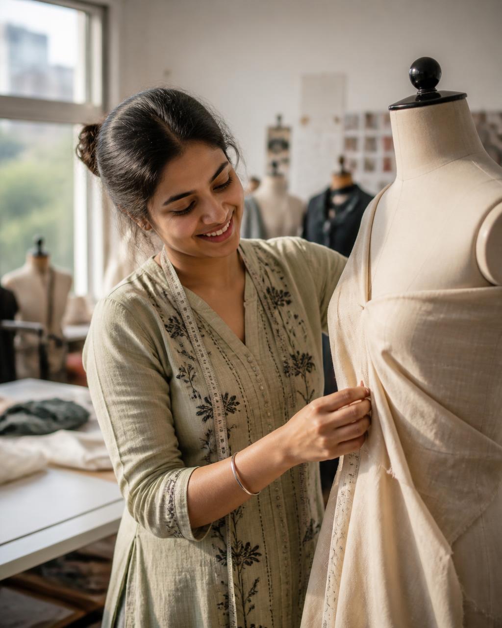 Fashion design student draping fabric on a dress form at Grace